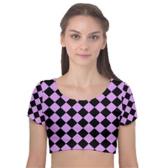 Block Fiesta Black And Lavender Purple Velvet Short Sleeve Crop Top  by FashionBoulevard