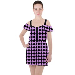 Block Fiesta Black And Lavender Purple Ruffle Cut Out Chiffon Playsuit by FashionBoulevard