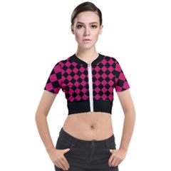 Block Fiesta Black And Peacock Pink Short Sleeve Cropped Jacket by FashionBoulevard