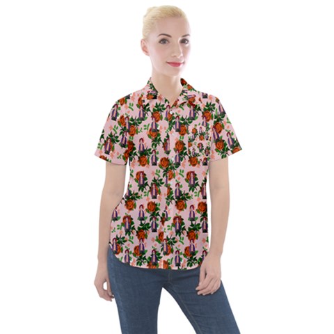 Fiola Pattern Pink Women s Short Sleeve Pocket Shirt by snowwhitegirl