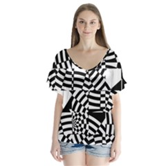 Black And White Crazy Pattern V-neck Flutter Sleeve Top by Sobalvarro