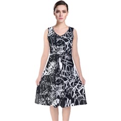 Graffiti Abstract Collage Print Pattern V-neck Midi Sleeveless Dress  by dflcprintsclothing
