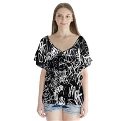 Graffiti Abstract Collage Print Pattern V-neck Flutter Sleeve Top by dflcprintsclothing