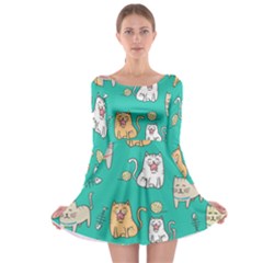 Seamless Pattern Cute Cat Cartoon With Hand Drawn Style Long Sleeve Skater Dress by Vaneshart