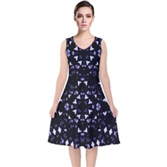 Dark Blue Ornament Pattern Design V-neck Midi Sleeveless Dress  by dflcprintsclothing