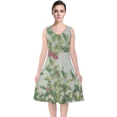 Botanical Vintage Style Motif Artwork 2 V-neck Midi Sleeveless Dress  by dflcprintsclothing