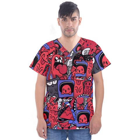 Abstract Grunge Urban Pattern With Monster Character Super Drawing Graffiti Style Vector Illustratio Men s V-neck Scrub Top by Nexatart