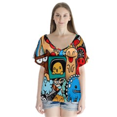 Abstract Grunge Urban Pattern With Monster Character Super Drawing Graffiti Style V-neck Flutter Sleeve Top by Nexatart