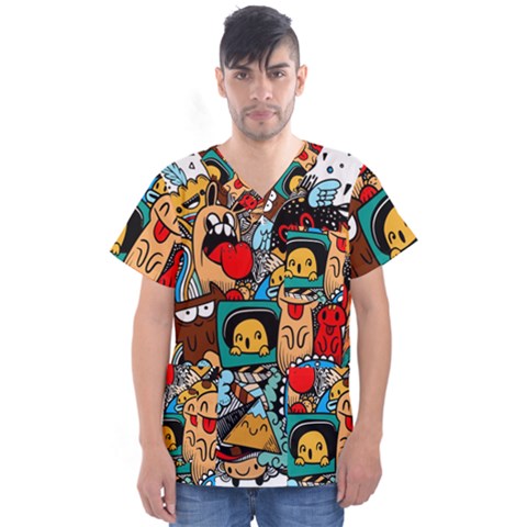 Abstract Grunge Urban Pattern With Monster Character Super Drawing Graffiti Style Men s V-neck Scrub Top by Nexatart