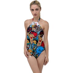 Abstract Grunge Urban Pattern With Monster Character Super Drawing Graffiti Style Go With The Flow One Piece Swimsuit by Nexatart