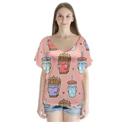 Cute Kawaii Food Seamless Pattern V-neck Flutter Sleeve Top by Nexatart