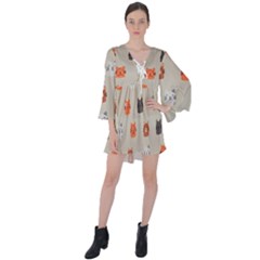 Cat Faces Pattern V-neck Flare Sleeve Mini Dress by Nexatart