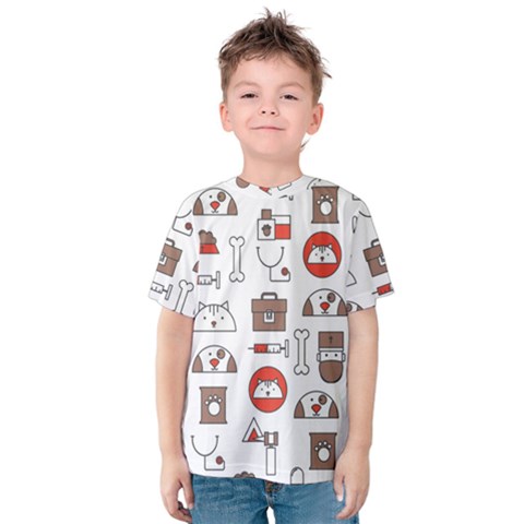 Vector Thin Line Art Vet Seamless Pattern Kids  Cotton Tee by Vaneshart