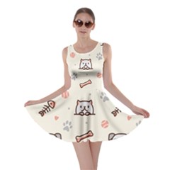 Pug Dog Cat With Bone Fish Bones Paw Prints Ball Seamless Pattern Vector Background Skater Dress by Vaneshart