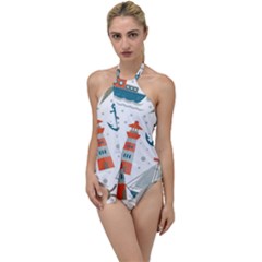 Nautical Elements Pattern Background Go With The Flow One Piece Swimsuit by Vaneshart