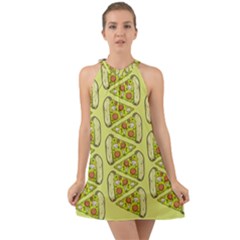 Pizza Fast Food Pattern Seamles Design Background Halter Tie Back Chiffon Dress by Vaneshart