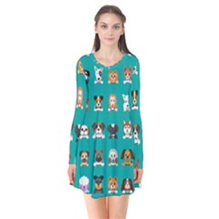 Different Type Vector Cartoon Dog Faces Long Sleeve V-neck Flare Dress by Vaneshart