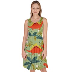 Cute Colorful Dinosaur Seamless Pattern Knee Length Skater Dress With Pockets by Vaneshart