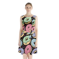 Colorful Donut Seamless Pattern On Black Vector Sleeveless Waist Tie Chiffon Dress by Sobalvarro