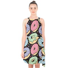 Colorful Donut Seamless Pattern On Black Vector Halter Collar Waist Tie Chiffon Dress by Sobalvarro