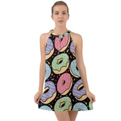 Colorful Donut Seamless Pattern On Black Vector Halter Tie Back Chiffon Dress by Sobalvarro