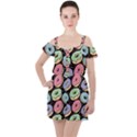 Colorful Donut Seamless Pattern On Black Vector Ruffle Cut Out Chiffon Playsuit View1