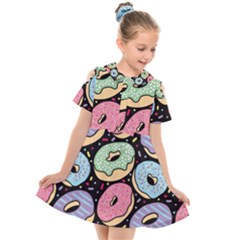 Colorful Donut Seamless Pattern On Black Vector Kids  Short Sleeve Shirt Dress by Sobalvarro