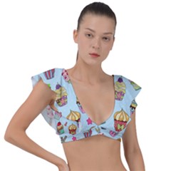Cupcake Doodle Pattern Plunge Frill Sleeve Bikini Top by Sobalvarro