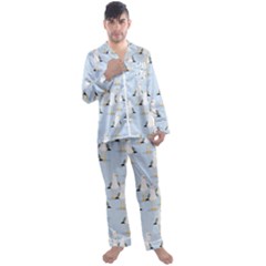 Cute Seagulls Seamless Pattern Light Blue Background Men s Satin Pajamas Long Pants Set by Wegoenart