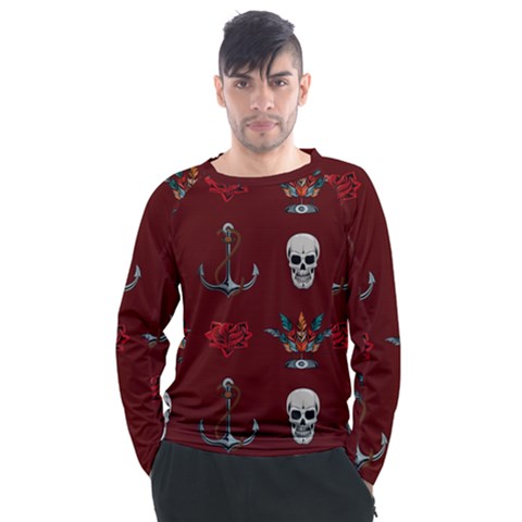 Tattoo Old School Background Pattern Men s Long Sleeve Raglan Tee by Wegoenart