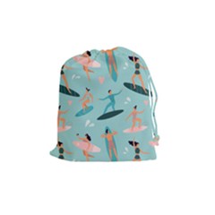 Beach Surfing Surfers With Surfboards Surfer Rides Wave Summer Outdoors Surfboards Seamless Pattern Drawstring Pouch (medium) by Wegoenart