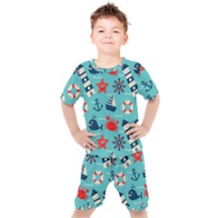 Seamless Pattern Nautical Icons Cartoon Style Kids  Tee And Shorts Set by Wegoenart