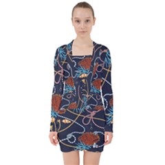 Vector Illustration Seamless Pattern With Corals Animal Trasure Marine Motif Sailor Mood Design Naut V-neck Bodycon Long Sleeve Dress by Wegoenart