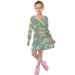 Light Colors Ethnic Decorative Pattern Batik Kids  Long Sleeve Velvet Dress by Wegoenart
