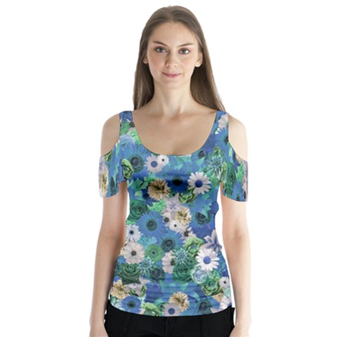 Fantasy Garden Blue Butterfly Sleeve Cutout Tee  by retrotoomoderndesigns