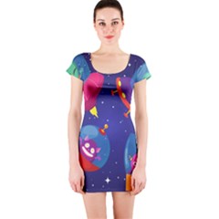 Cartoon Funny Aliens With Ufo Duck Starry Sky Set Short Sleeve Bodycon Dress by Vaneshart