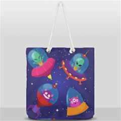 Cartoon Funny Aliens With Ufo Duck Starry Sky Set Full Print Rope Handle Tote (large) by Vaneshart
