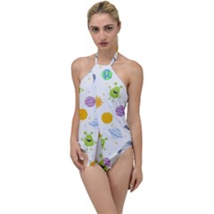 Seamless Pattern Cartoon Space Planets Isolated White Background Go With The Flow One Piece Swimsuit by Vaneshart