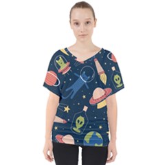 Seamless Pattern With Funny Aliens Cat Galaxy V-neck Dolman Drape Top by Vaneshart