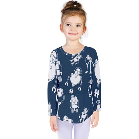 White Robot Blue Seamless Pattern Kids  Long Sleeve Tee by Vaneshart