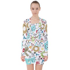 Seamless Pattern Vector With Funny Robots Cartoon V-neck Bodycon Long Sleeve Dress by Vaneshart