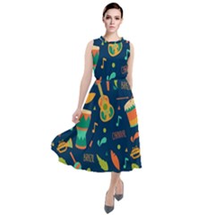 Brazil Musical Instruments Seamless Carnival Pattern Round Neck Boho Dress by Vaneshart