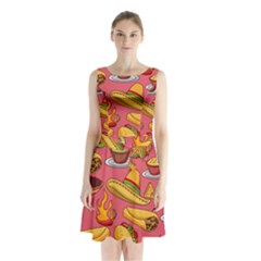 Seamless Pattern Mexican Food Hat Traditional Sleeveless Waist Tie Chiffon Dress by Vaneshart