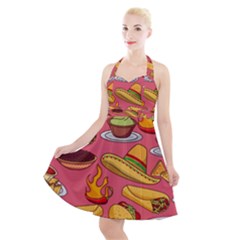Seamless Pattern Mexican Food Hat Traditional Halter Party Swing Dress  by Vaneshart