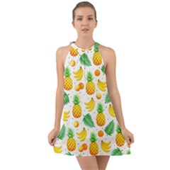 Tropical Fruits Pattern Halter Tie Back Chiffon Dress by Vaneshart