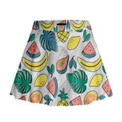 Seamless Pattern Tropical Fruit Banana Watermelon Papaya Lemon Orange Monstera Mini Flare Skirt by Vaneshart