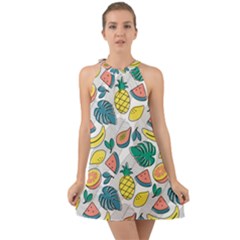 Seamless Pattern Tropical Fruit Banana Watermelon Papaya Lemon Orange Monstera Halter Tie Back Chiffon Dress by Vaneshart
