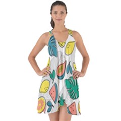 Seamless Pattern Tropical Fruit Banana Watermelon Papaya Lemon Orange Monstera Show Some Back Chiffon Dress by Vaneshart