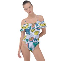 Seamless Pattern Tropical Fruit Banana Watermelon Papaya Lemon Orange Monstera Frill Detail One Piece Swimsuit by Vaneshart