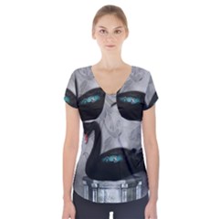 Wonderful Black Swan With Dark Mermaid Short Sleeve Front Detail Top by FantasyWorld7